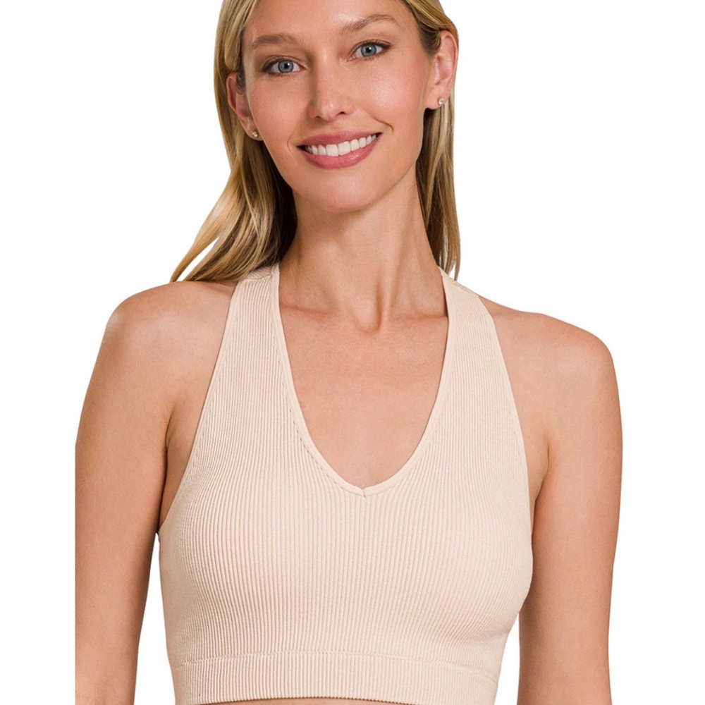 Ribbed V-Neck Bralette in Sand Beige